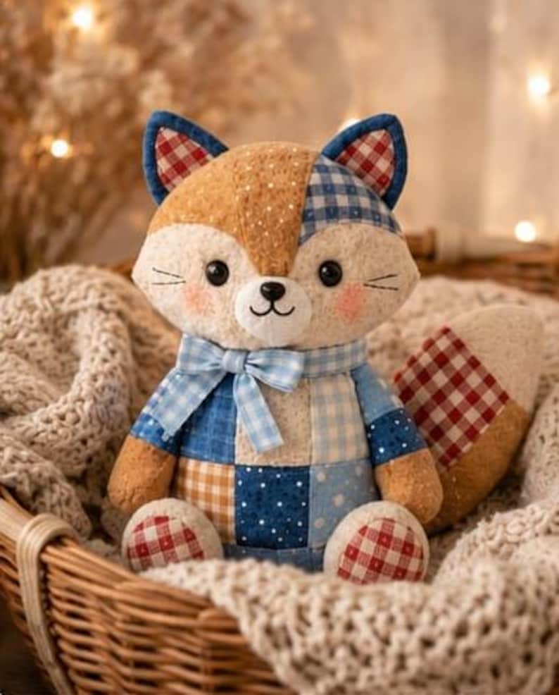 May include: A handcrafted fox soft toy with a patchwork design. The fox has a brown and white spotted head, blue and red checked ears, and a blue bow tie. It rests in a wicker basket on a cream knitted blanket.