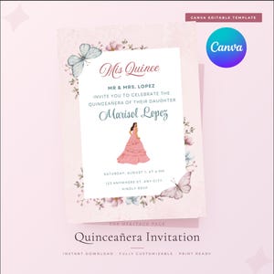 Modèle pour invitation de Quinceañera | Invitation florale de papillon | Faire-part rose coing | Téléchargement instantané modifiable