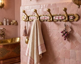 Vintage Brass 6 Hooks Rack: Moroccan Resin Inlay