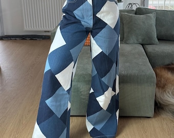 Patchwork Wide Leg Jeans Women - High Waist Baggy Denim Pants - Y2K Geometric Blue Jeans Streetwear