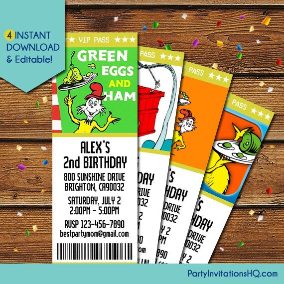 Green Eggs and Ham Invitations Green Eggs and Ham Birthday Etsy