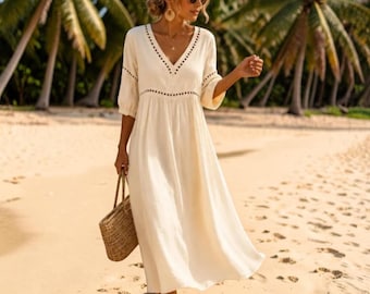 Vestido midi bohemio con escote en V para mujer – Vestido túnica holgado de corte A, pareo de playa calado, atuendo casual para vacaciones de verano