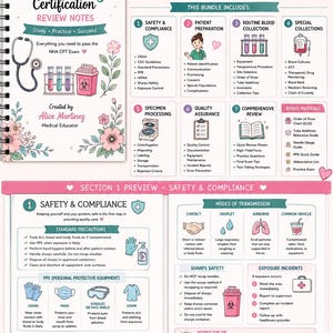 Peut inclure: Un guide d'étude à spirales pour la certification en phlébotomie NHA CPT par Alice Martinez. Le document présente des diagrammes colorés, des icônes médicales et des sections détaillées sur la sécurité, la préparation du patient et les prélèvements.