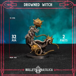 May include: A Drowned Witch miniature figure featuring a pale, tentacled creature adorned with gold-colored naval mines attached by chains. The figure stands on a circular base, measures 32 mm from feet to eyes, and consists of 2 parts.