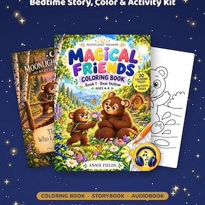 May include: Moonlight Meadow Bedtime Story, Color & Activity Kit featuring a Magical Friends colouring book, a storybook, and an audiobook. Includes 20 colouring pages, 4 activity pages, printable PDF, and MP3 files for Yoto and Toniebox.