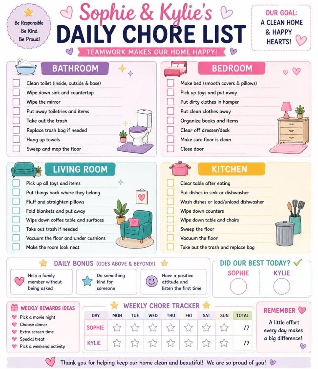 Colorful Weekly Customizable Chore List Printable (digital Download) - Etsy
