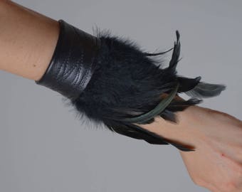 Feather Leather Cuff Bracelet - Black Leather Cuff Bracelet - Leather Feather Cuff - Festival Accessories - Burning Man