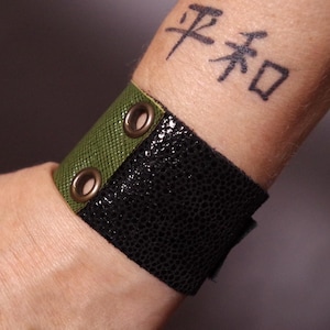 Green Leather Cuff Bracelet: Adjustable Antique Brass Snaps, Handmade Jewelry