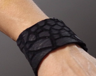 Handmade Black Leather Cuff Bracelet: Upcycled Sheepskin, Unisex