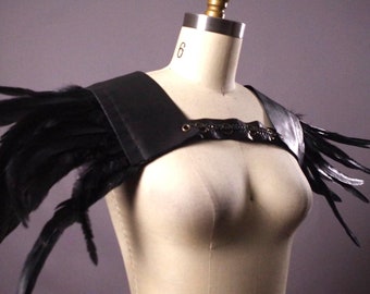 Black Feather Leather Epaulette, Burning Man Shoulder Piece