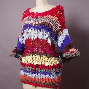 Handmade Multicolor Knit Sweater: Rayon Cotton with Leather Sleeves