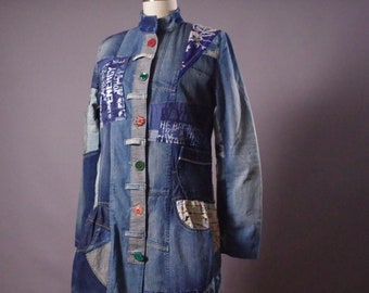 Upcycled Patchwork Denim Long Jacket: Repurposed Jean Coat