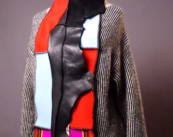 OOAK Upcycled Patchwork Cardigan: Handmade Boho, Leather and Alpaca