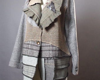 OOAK Patchwork Wool Jacket: Upcycled Handmade Women's Coat