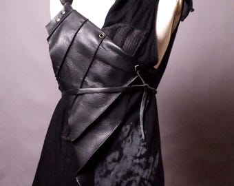 Goth Black Asymmetric Vest with Leather: One size Avant Garde sleeveless jacket