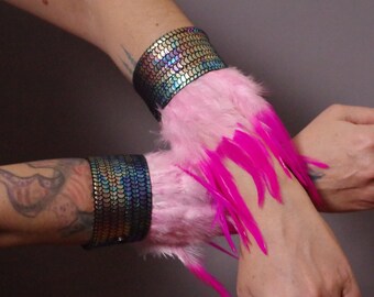 Feather Leather Cuff Bracelets - Pink Feather Cuff Bracelet - Leather Feather Cuff - Festival Accessories - Mermaid Parade