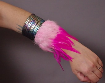 Feather Leather Cuff Bracelet - Pink Feather Cuff Bracelet - Leather Feather Cuff - Festival Accessories - Mermaid Parade