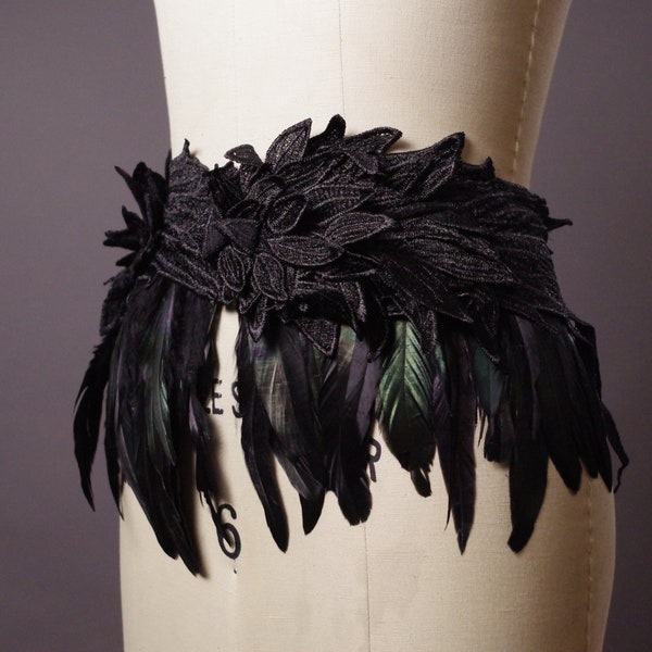 Feather Wings Belt: Black Lace & Rooster Feather, Leather or Cotton Straps