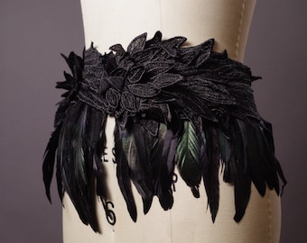 Feather Wings Belt - Black Feather Wings Belt - Women's Feather Belt - Goth belt - Feather Accessories