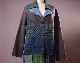 OOAK Wool Long Coat Unique Patchwork  Coat Women's Unique Coat