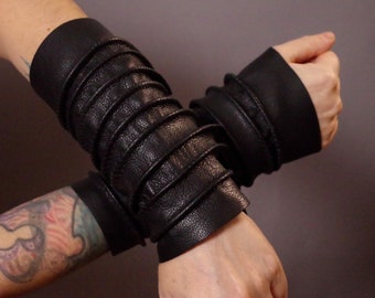 Tall Black Leather Cuff Bracelets: Goth Arm Warmers, Handmade