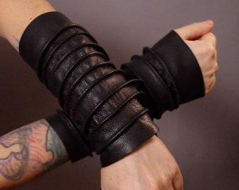 Tall Black Leather Cuff Bracelets, Goth Leather Cuff Bracelets, Unique Leather long gloves, Long Black Leather Bracelets