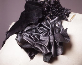 Faux Fur and Leather Scarf: Black Goth Choker