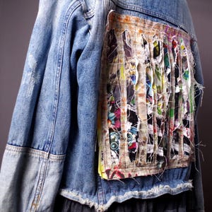 Art to wear denim jacket, Up-cycled Patchwork Jean Jacket, Distressed Ripped Denim Coat, Eco Street wear