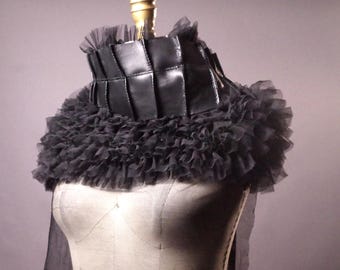 Ruffled Leather Scarf: Avant Garde Chiffon Wrap, Goth Fashion Accessory
