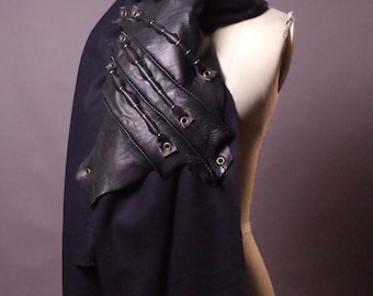 Big Wool and Leather Scarf, OOAK Black Shawl, Unisex Winter Wrap