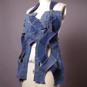 Up-cycled Denim Cutout Top, Sexy Street wear Corset Style Top from Recycled Jeans, Festival Rave Edgy Fashion for Women