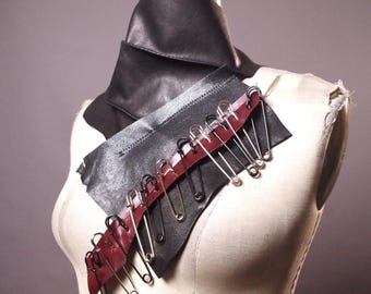 Steampunk Leather Scarf: Goth Neck Piece with Safety Pins