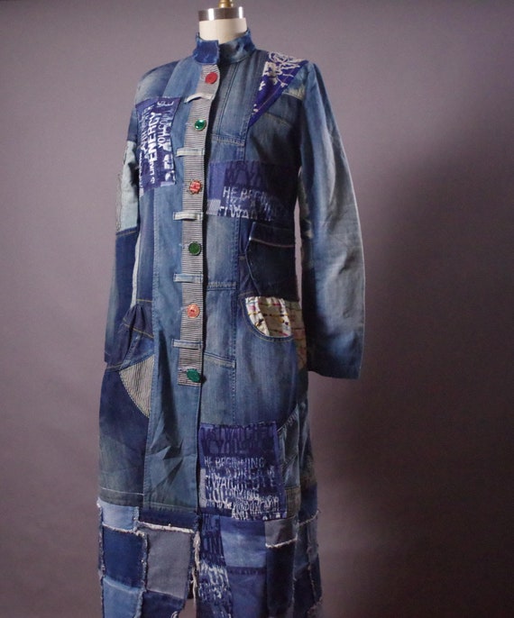 Upcycled Patchwork Denim Long Jacket: Handmade Sashiko Boro