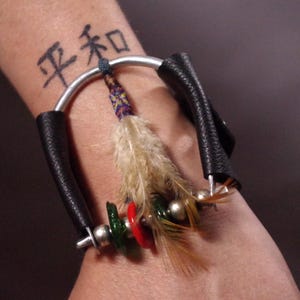 Feather Leather Cuff Bracelet: Handmade OOAK Adjustable Snap Jewelry