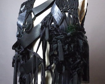 One size Knitted Vest: Goth black distressed top with leather, Fringe festival fashion