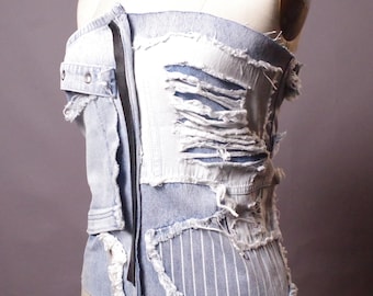 Upcycled Ripped Denim Top: OOAK Jean Bustier, Patchwork Corset