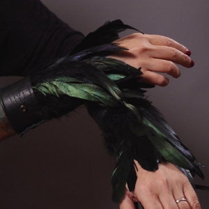 Handmade Black Leather Cuffs with Feather, Alternative Boho Festival Bracelets, Feather Accessories