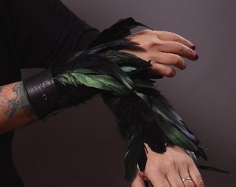 Black Leather Feather Cuff Bracelet: Embroidered Festival Arm Cuffs (Pair)