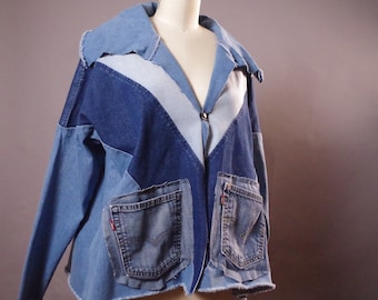 Upcycling-Jeansjacke, einzigartige Jeansjacke, einzigartige Upcycling-Kleidung