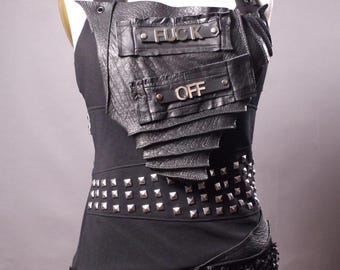 Studded Gothic Leather Tank Top: Upcycled Punk Rock Fashion, F-Off