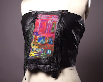 Psychedelic Leather Corset Top, Festival Crop Top, Burning Man Rave Outfit, Handmade Italian Leather and Trippy Fabric