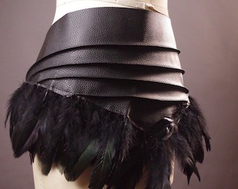 Feather Leather Obi Belt - Black Leather Obi Belt - Women's Wrap Belt - Goth belt - Feather Accessories