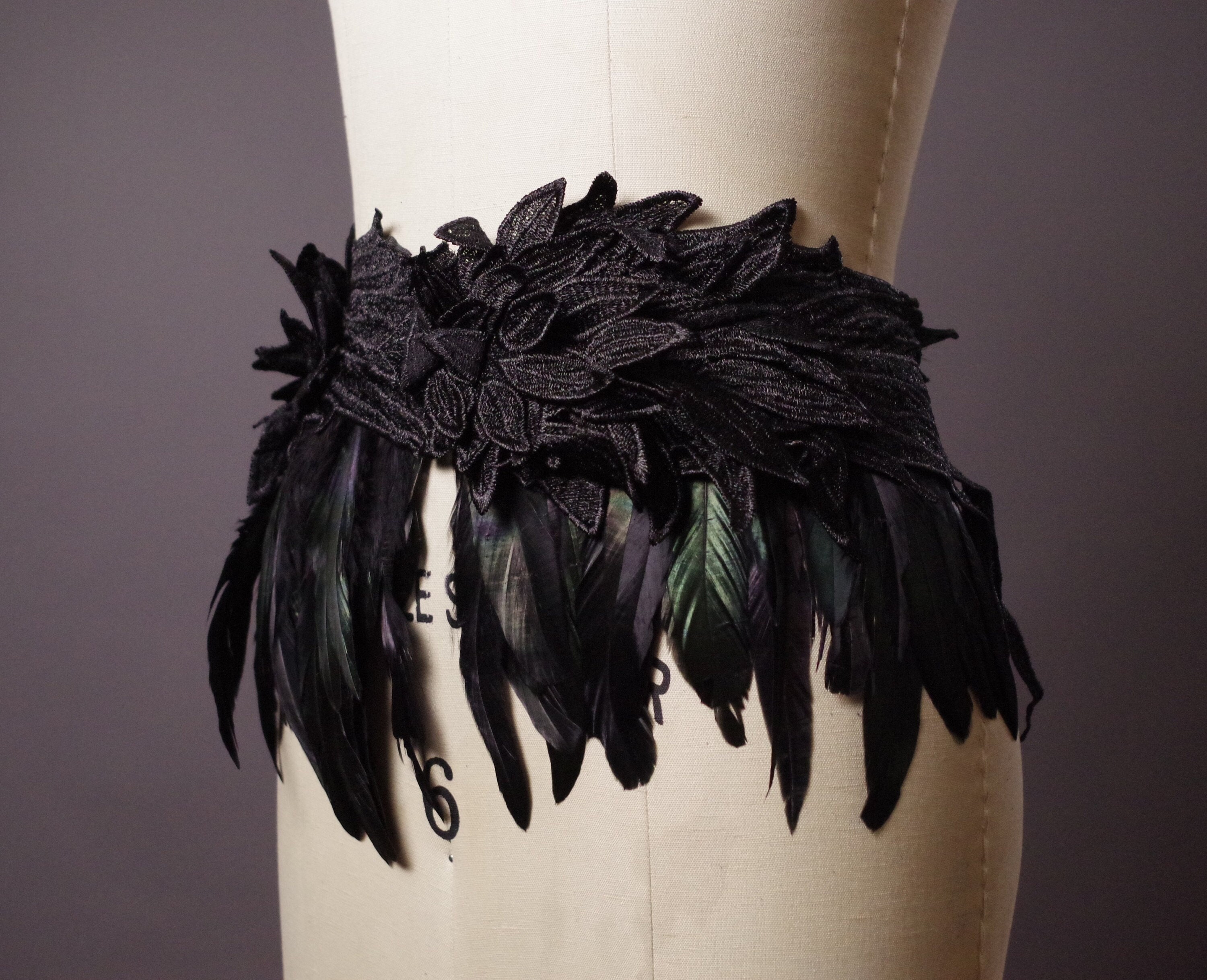 Black Feather Wings Belt: Goth Festival Leather Waist Belt 