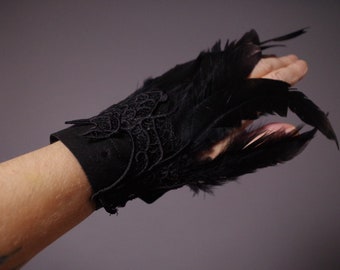 Bat Feather Leather Cuff Bracelet - Black Leather Cuff Bracelet - Leather Feather Cuff - Festival Accessories - Bat