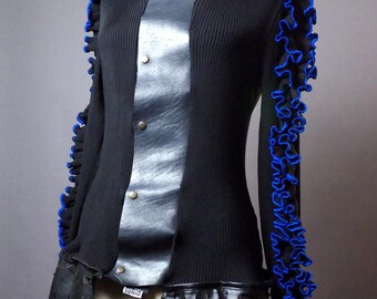Unique Ruffled Women Jacket: OOAK Avant Garde Cardigan Jacket with leather