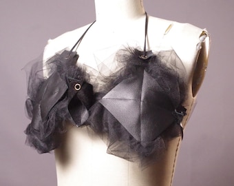 Leather and Tulle Bra: Festival top bra, Goth Bikini