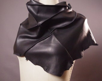 Genuine Leather Black Scarf, Twisted Leather scarf, Women's leather scarves, upcycled leather scarf