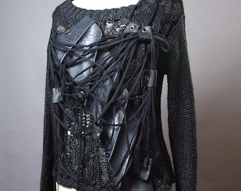 Goth Ripped Top: Black distressed top with leather, Rope design