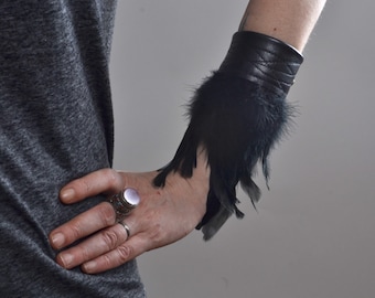 Feather Leather Cuff Bracelet - Black Leather Cuff Bracelet - Leather Feather Cuff - Festival Accessories - Burning Man