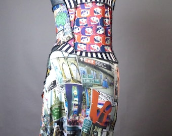 RESERVED For Sue - Upcycled Strapless Patchwork Dress: NYC Graffiti Print, Size Small